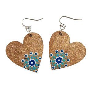 Earrings Copper Turquoise Blue White heart evil eye mandala dot art